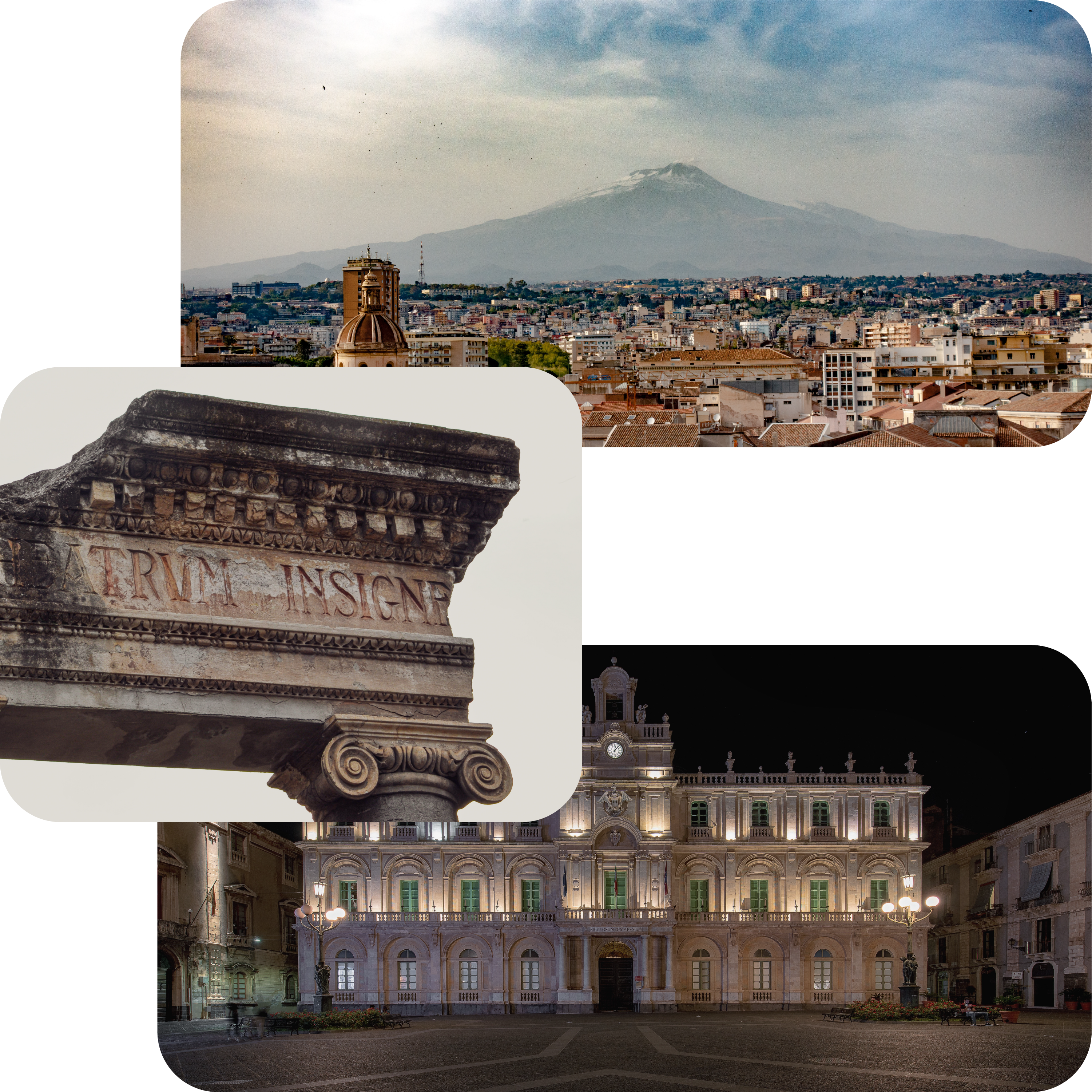 Immagini che rappresentano il centro di Catania, l'Etna, piazza università